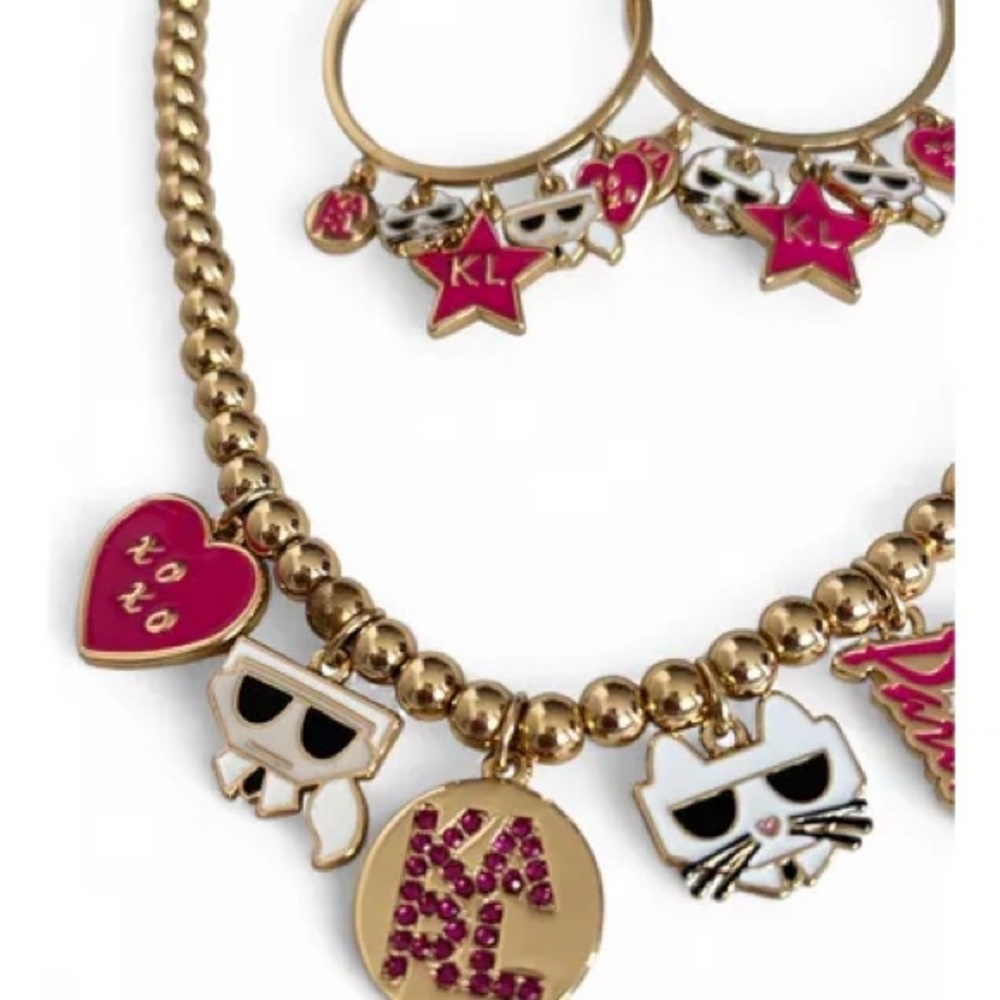 New KARL LAGERFELD Paris Charm Fashion Necklace Choupette Cat Pink Rhinestone. - Picture 6 of 7
